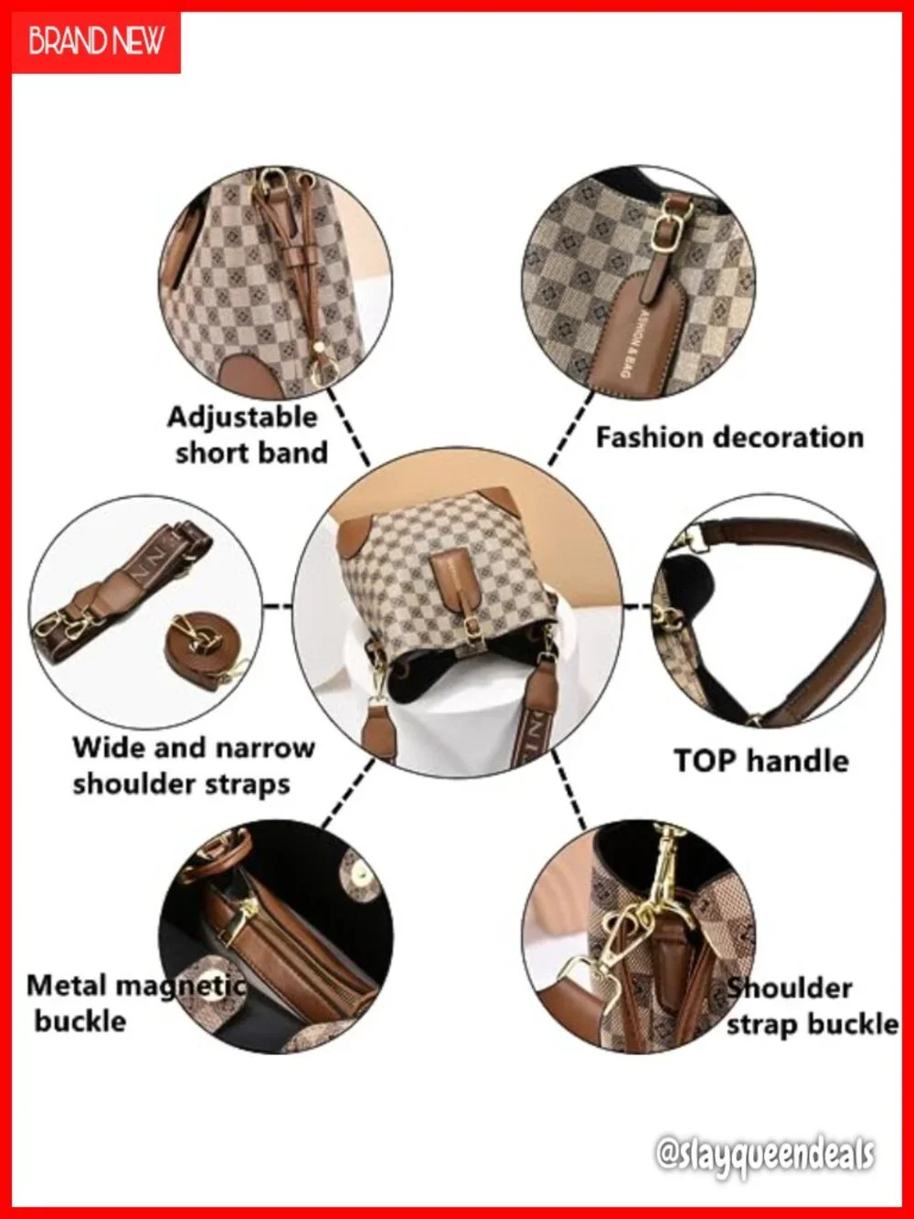 PU leather plaid bucket satchel crossbody hobo handbag